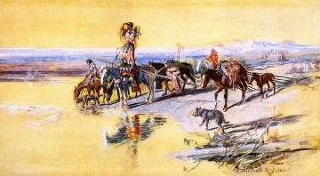 トラヴォワ号で旅行するインディアン 1903年 チャールズ・マリオン・ラッセル アメリカ・インディアン Oil Paintings